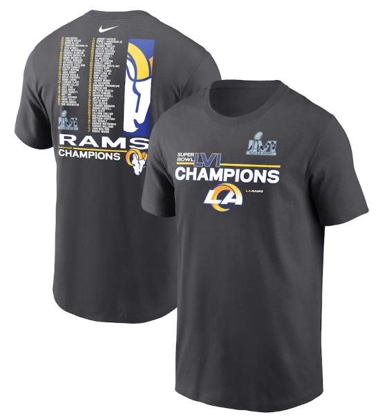 Men's Los Angeles Rams 2022 Anthracite Super Bowl LVI Champions Roster T-Shirt Men's Los Angeles Rams 2022 Anthracite Super Bowl LVI Champions Roster T-Shirt